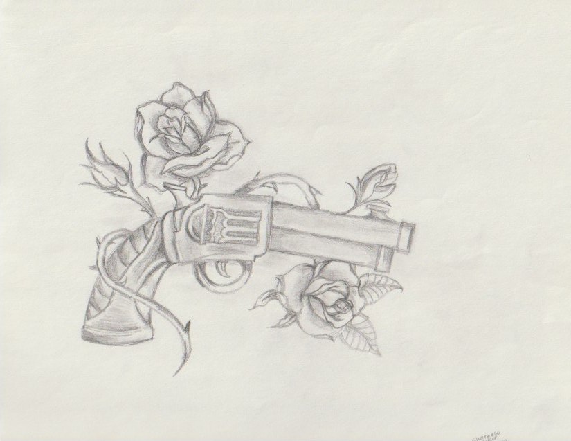 drawing of gunw with roses